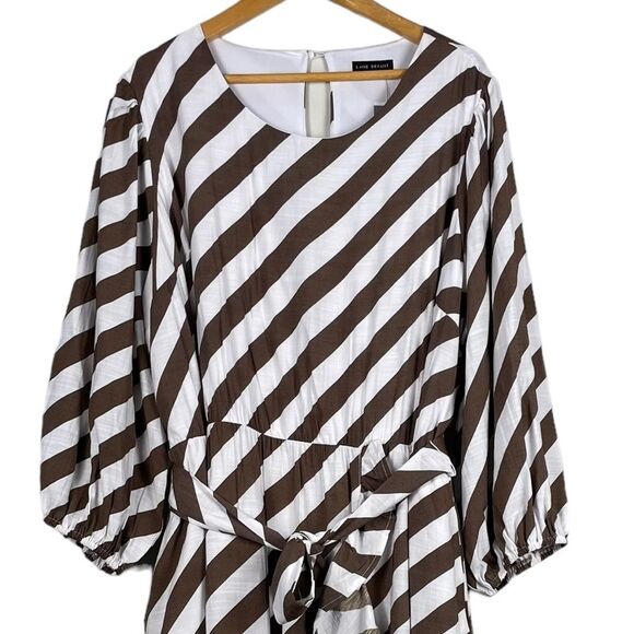 Lane Bryant Blouson-Sleeve Ruffle Hem Brown White Stripe Print Size 24 NEW - Picture 4 of 14